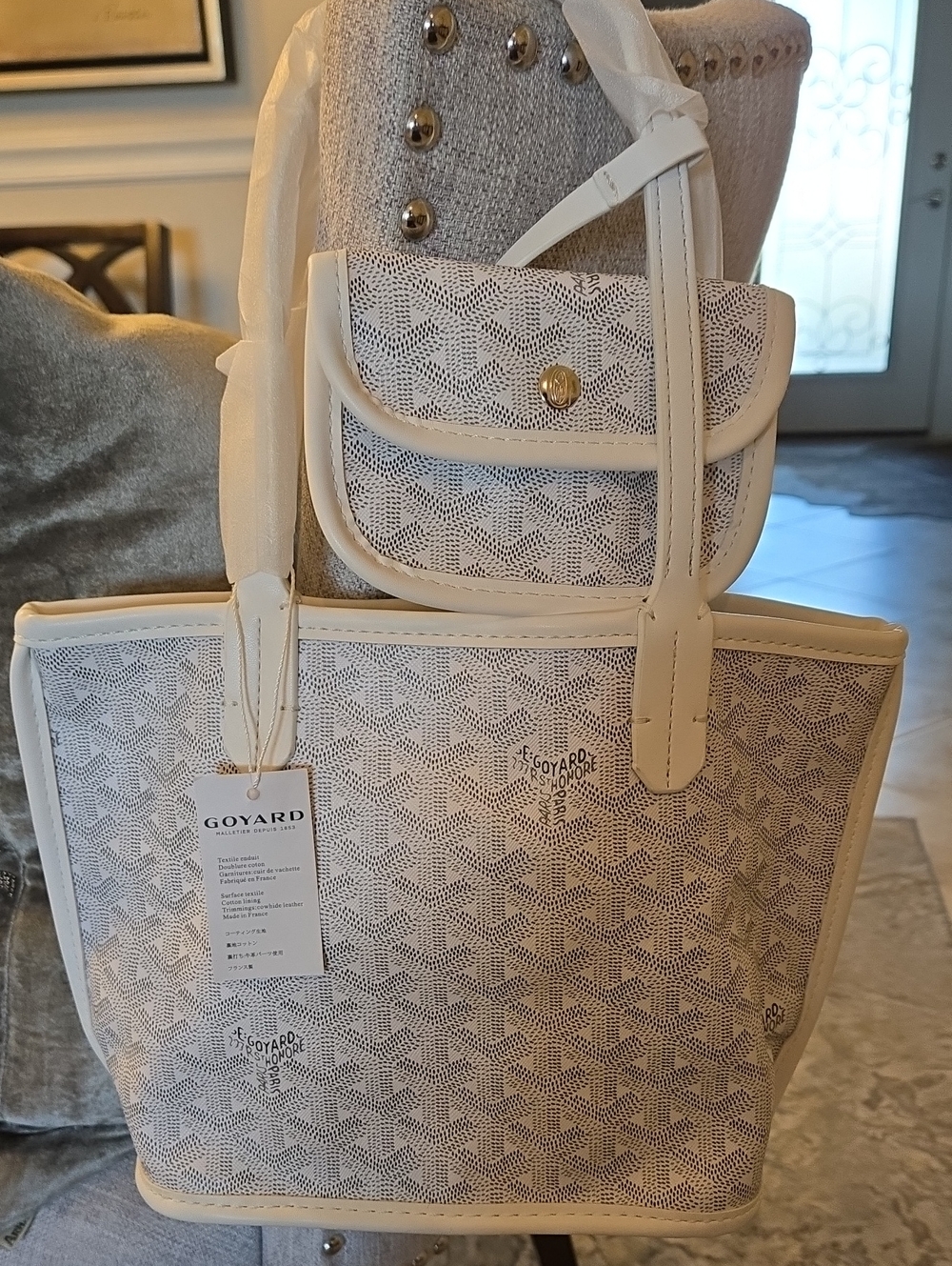 Lux Logo Cream and White Chevron Canvas Tote with Matching Pouch 11.5x9"